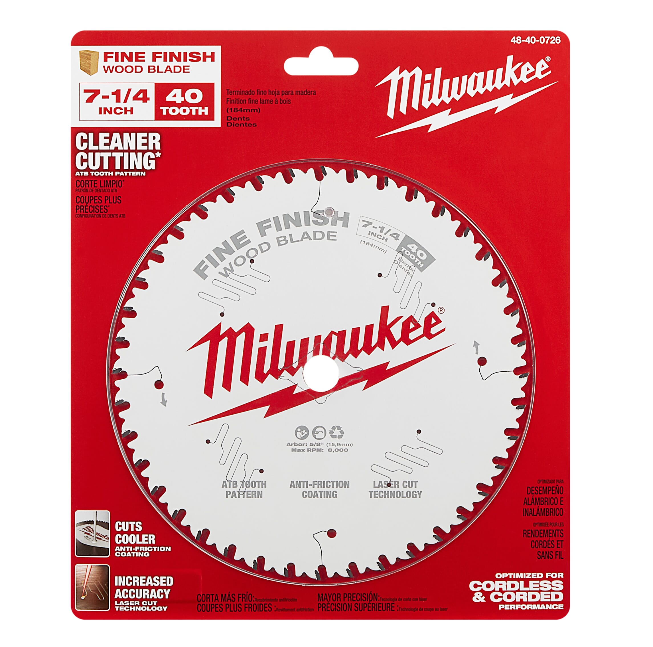 Milwaukee® 48-40-0726 Fine Finish Thin Kerf Circular Saw Blade, 7-1/4 in Dia x 1.05 in THK, 5/8 in Arbor, Carbide Blade, 40 Teeth